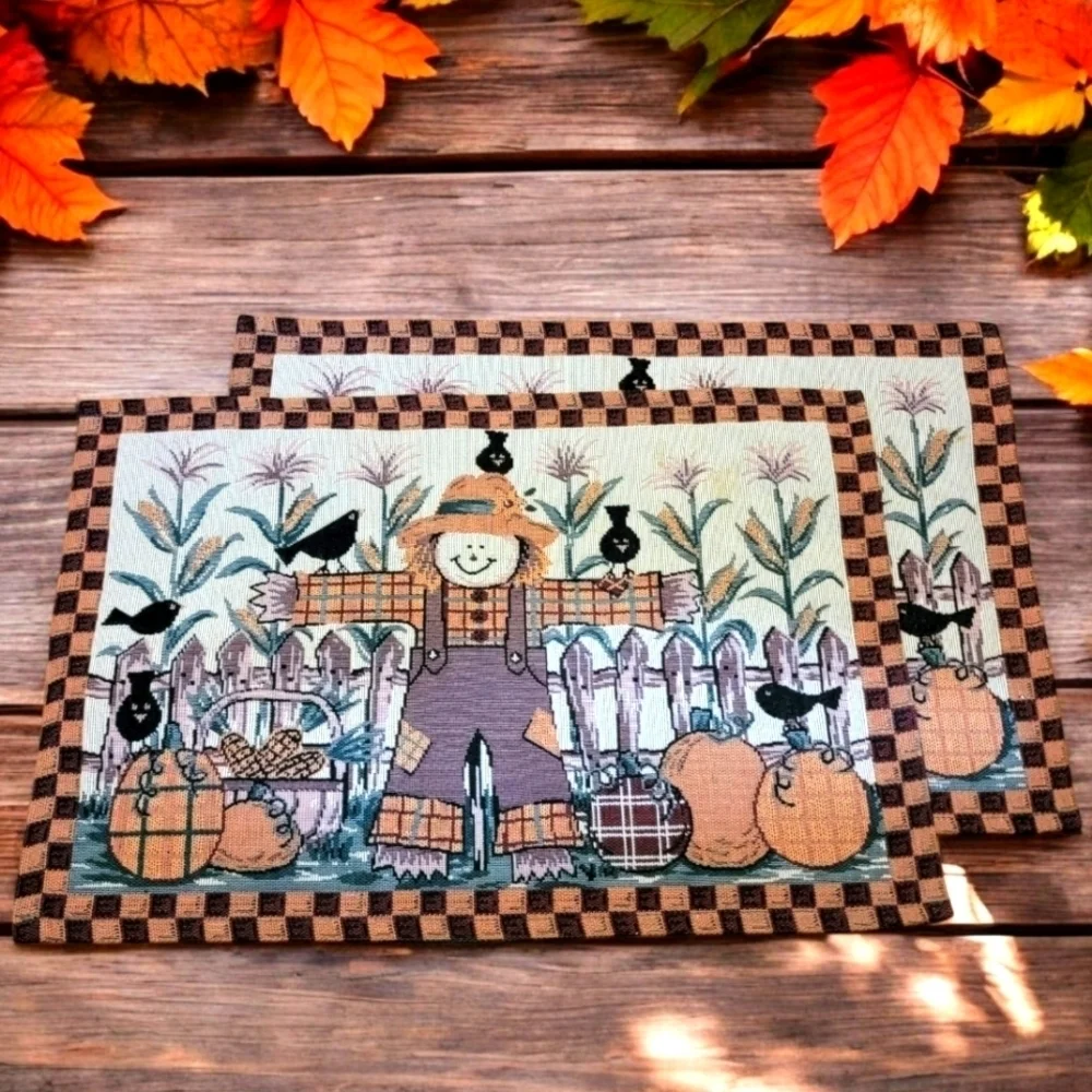 2 Fall Tapestry Placemat Scarecrow Pumpkin Halloween Thanksgiving Table Decor T5